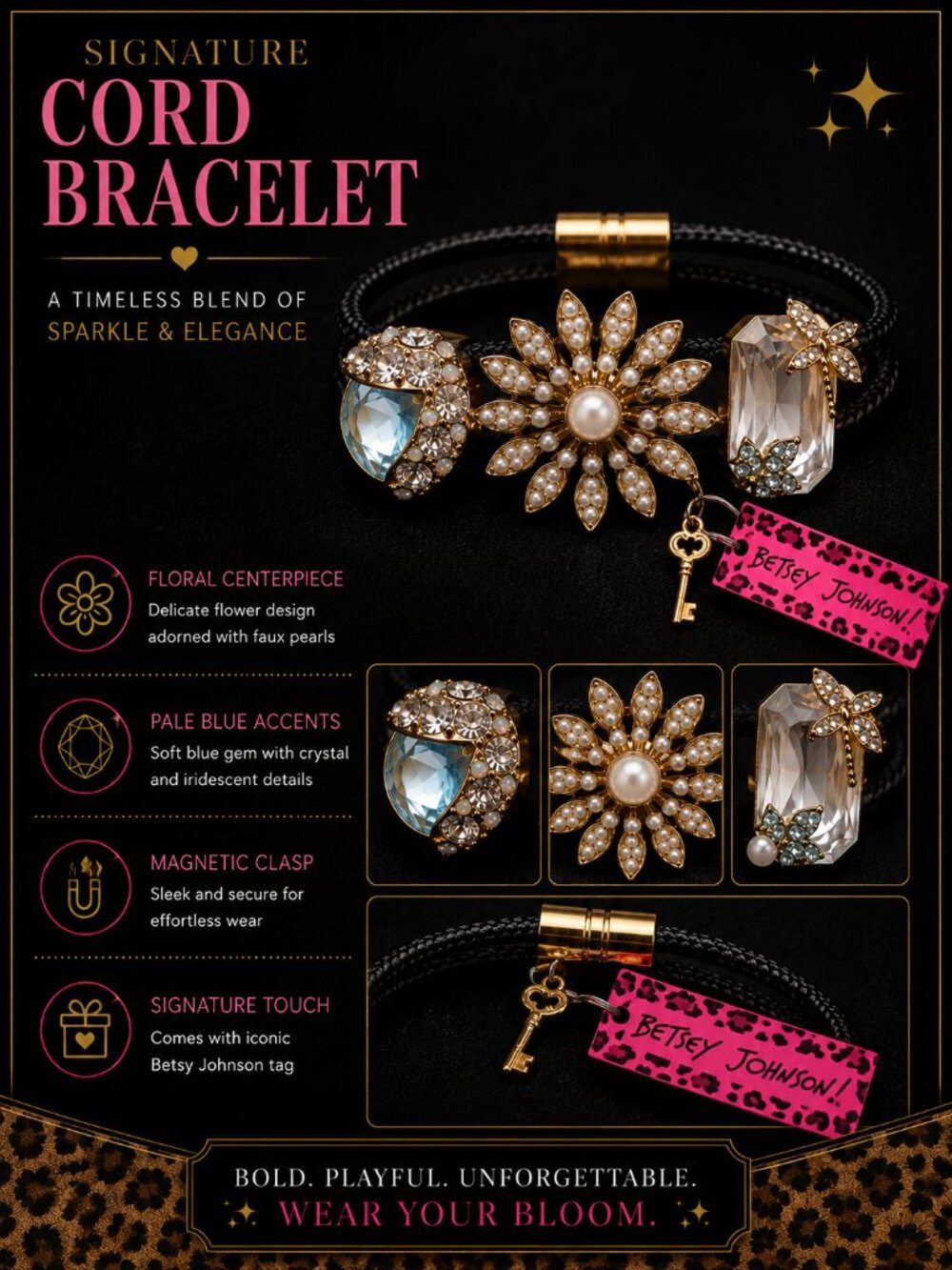 Betsey Johnson New With Tags (NWT) Floral Crystal Magnetic Cord Bracelet - Picture 1 of 9